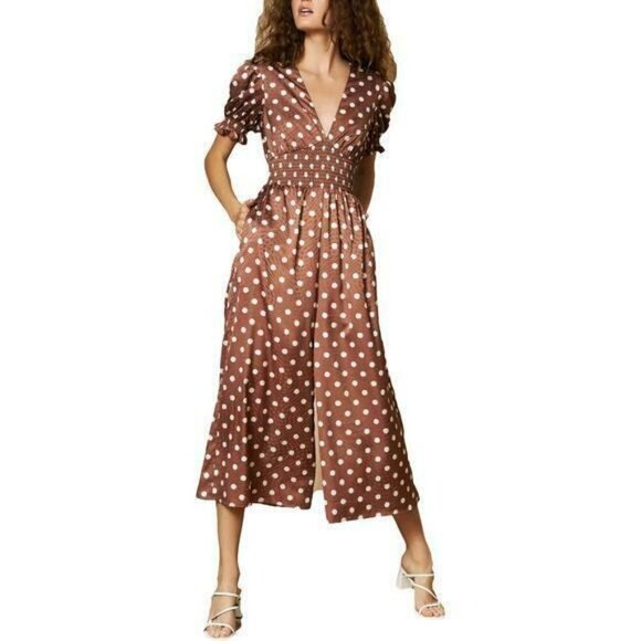 Slate & Willow Pants - SLATE & WILLOW Brown/White Sketched Dot Short Sleeve Jumpsuit Size 2